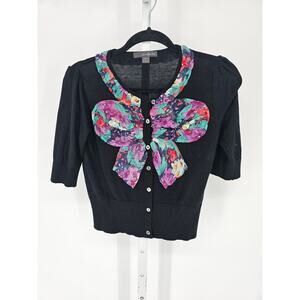 Twenty-One Women's Black Bow-Tie Button-Front Half Sleeve Sweater Top Size S/P
